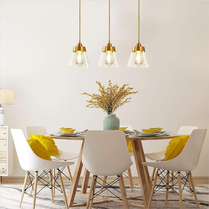 Modern Glass Glass Pendant Light Fixture Gold Brass Pendant Lighting with Conical-Shaped and Adjustable Cord for Kitchen Island, Bathroom