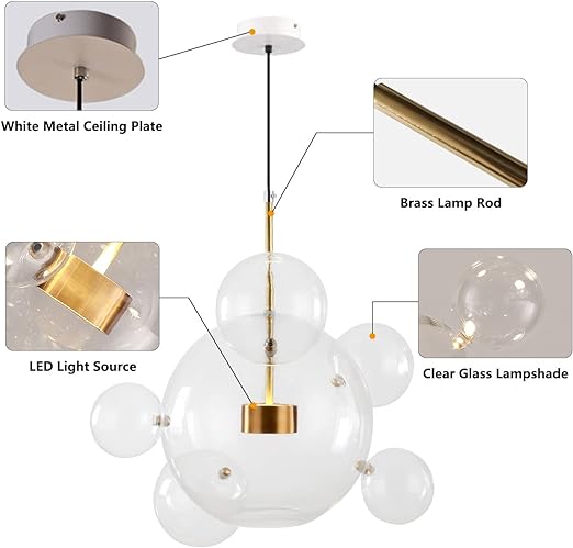 Modern Globe Bubble Chandelier 6-Light Clear Glass Ball Sputnik Chandelier Pendant Light Mid Century Gold Kitchen Island Pendant Lighting Adjustable Pendant Light
