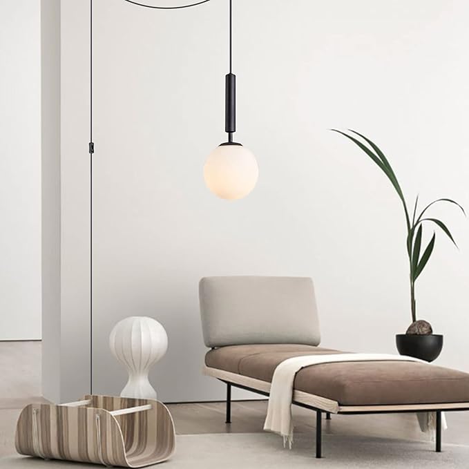 Modern White Glass Globe Pendant Light Nordic Plug-in Hanging Light Fixture with Adjustable Wire Postmodern Geometric Ball Chandelier for Kitchen Island Dining Room (Black)