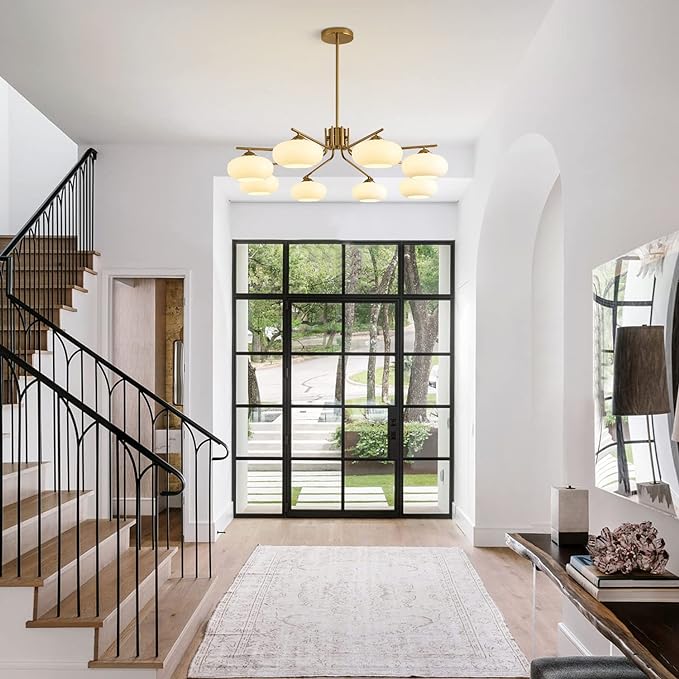 8-Lights White Glass Globe Sputnik Chandelier Mid Century Modern Gold Semi Flush Mount Ceiling Light Sputnik Chandeliers Milk Glass Ball Chandelier Kitchen Island