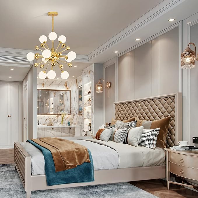 Sputnik Chandelier Lighting Fixture Gold Mid Century Modern Hanging Pendant Light, Frosted Glass Modern Ceiling Pendant Light Living Room Dining Room (11 Lights)