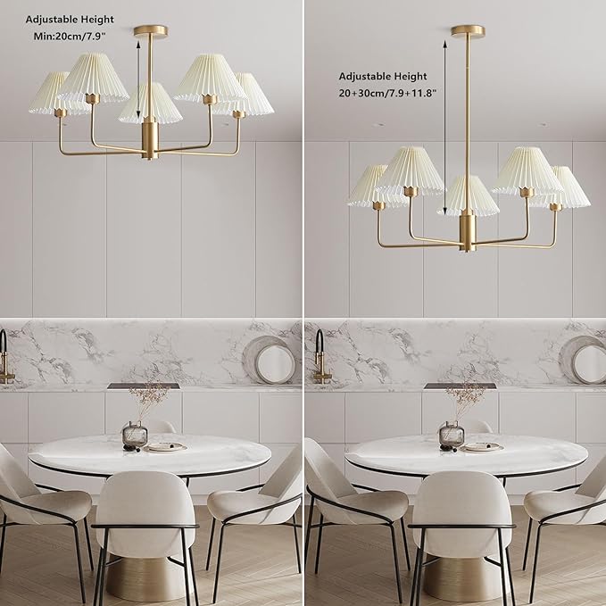 5-Lights White Pleated Fabric Pendant Light Mid Century Modern Brushed Gold Sputnik Chandelier Traditional Dining Living Room Chandelier Above Dining Table
