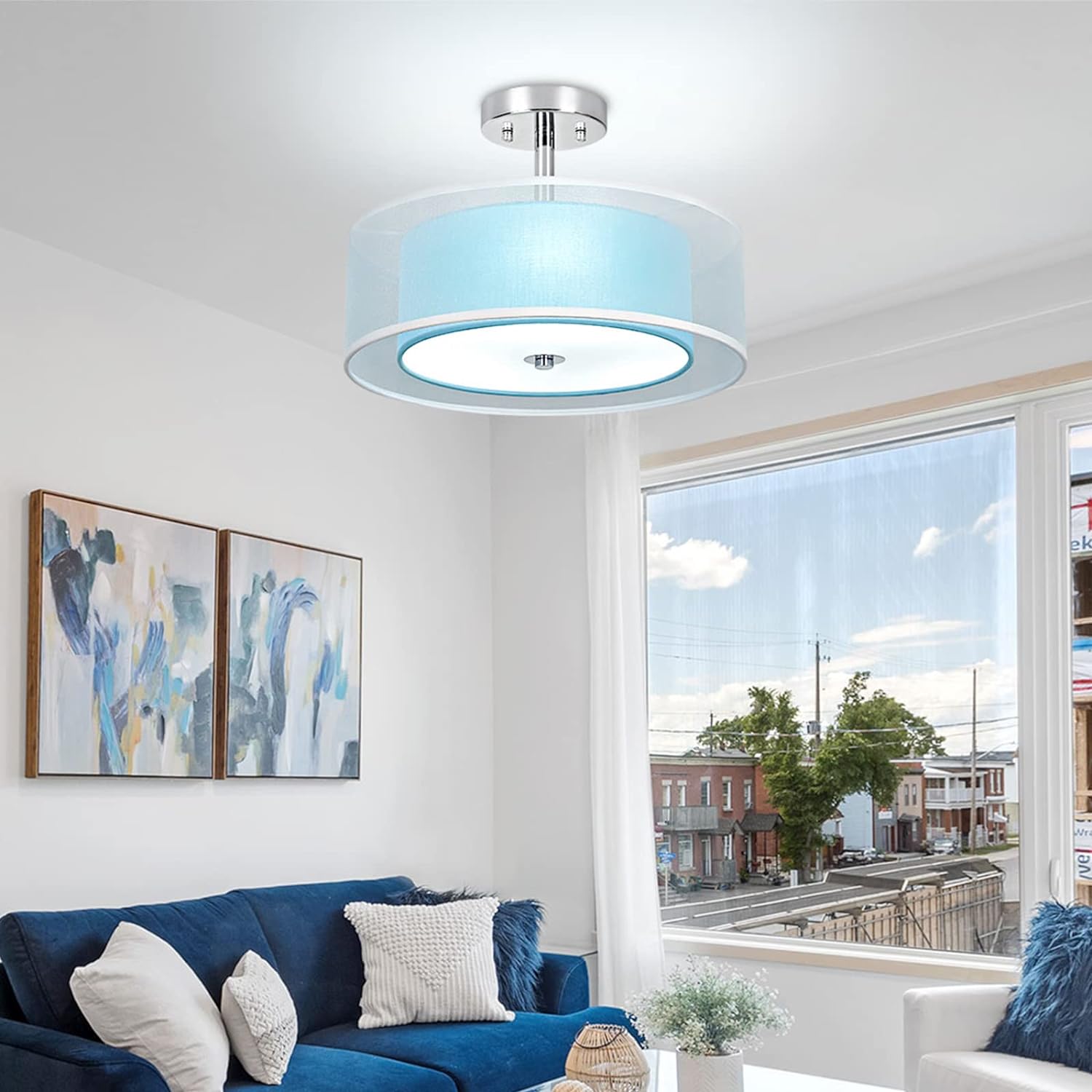 3-Light Semi Flush Mount Ceiling Light Fixture, 15'' Blue Drum Light Ceiling Hanging with Double Fabric Shade