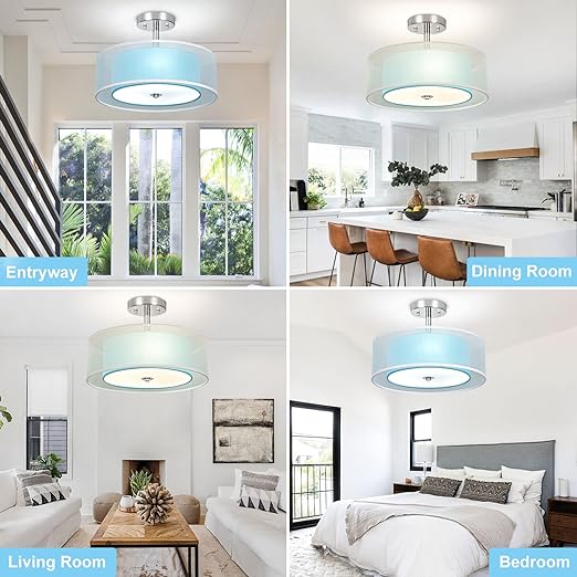 3-Light Semi Flush Mount Ceiling Light Fixture, 15'' Blue Drum Light Ceiling Hanging with Double Fabric Shade