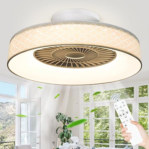 Low Profile Ceiling Fan with Light, 22.5'' LED Dimmable Ceiling Fans with Lights and Remote, Modern Bladeless Enclosed Ceiling Fan Flush Mount