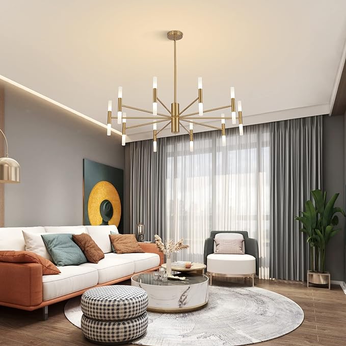 Modern Gold Brass LED Sputnik Chandelier 20-Light Luxury Round Pendant Lighting Fixture with White Acrylic Lampshade for Dining Room Living Room Bedroom