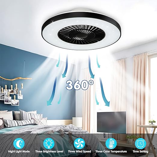 Modern Ceiling Fans with Lights, 40W LED Dimmable with Remote, 7 Invisible Blades Semi Flush Mount Ceiling Fan Light