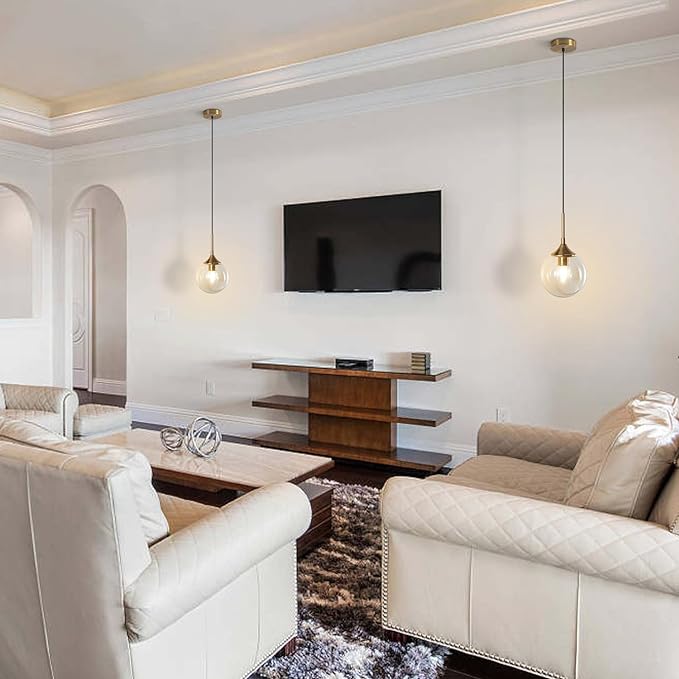 Mid Century Modern Pendant Chandelier 1-Light Gold Glass Globe Pendant Light Brushed Brass Pendant Light Large Kitchen Pendant Lighting Over Island (Amber)