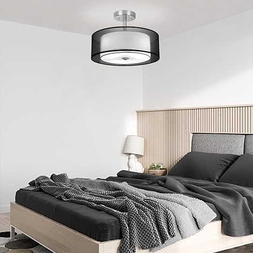 3-Light Semi Flush Mount Ceiling Light Fixture, Modern 15" Black Ceiling Lamp with Double Fabric Shade