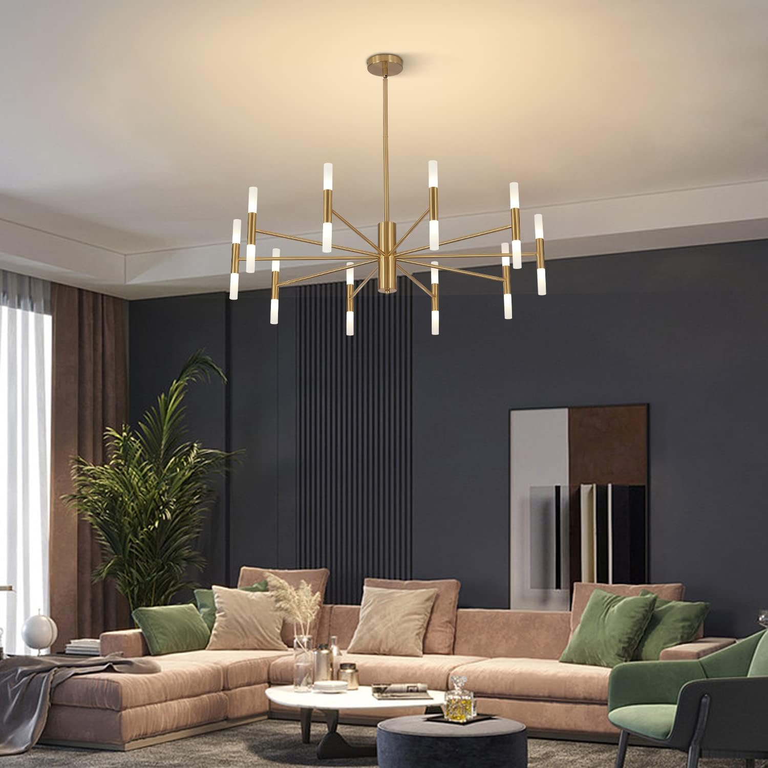 Modern Gold Brass LED Sputnik Chandelier 20-Light Luxury Round Pendant Lighting Fixture with White Acrylic Lampshade for Dining Room Living Room Bedroom
