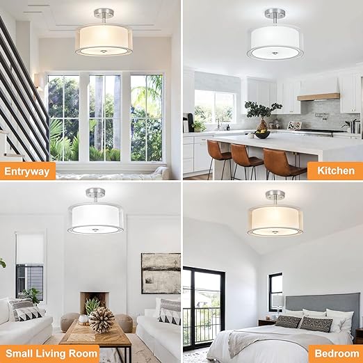 3-Light Modern Semi Flush Mount Ceiling Light Fixture, 12.6’’ Drum Light with Double Fabric Shade, Brushed Chrome Close to Ceiling Lights