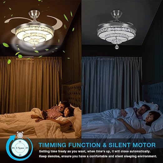 42'' Crystal Ceiling Fan with Light, 36W Modern Ceiling Fan Remote, 3-Blade Retractable Led Fan Chandelier