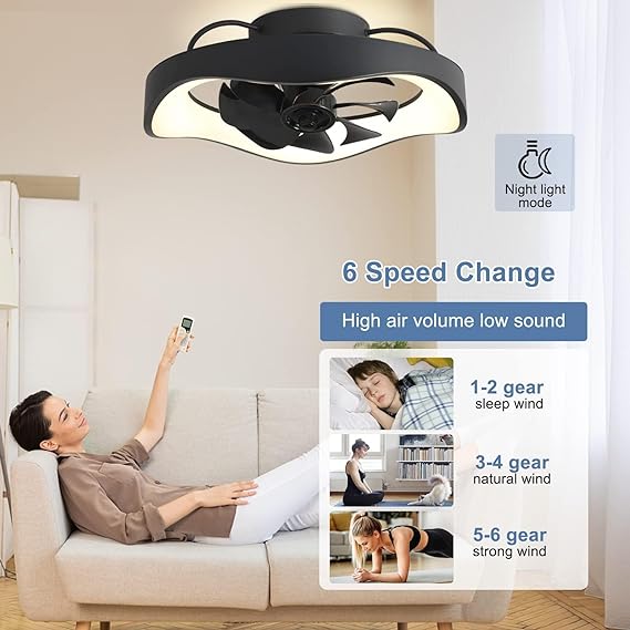 Low Profile Ceiling Fan-360-Degree Oscillating, Flush Mount Ceiling Fan with Light and Remote, Dimmable LED