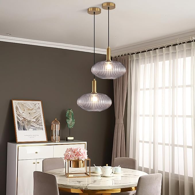 Mid Century Modern Gold Glass Pendant Lighting Smoke Grey Globe Kitchen Island Pendant Lamp Industrial Brass Gold Hanging Ceiling Light Fixture Adjustable Round Ball Pendant Light