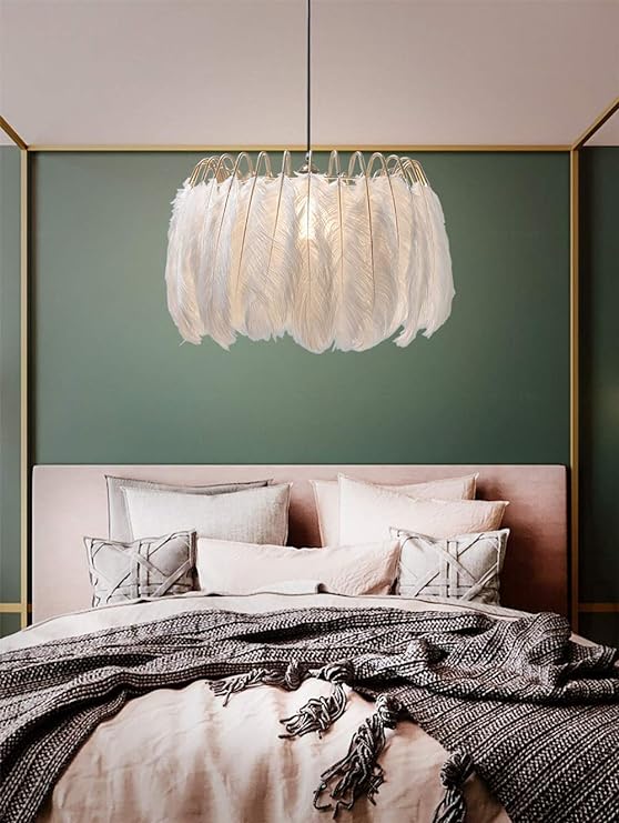 Nordic White Feather Chandelier Minimalist Decor Pendant Light Beautiful Adjustable Hanging Light for Bedroom Girls Room (Large)