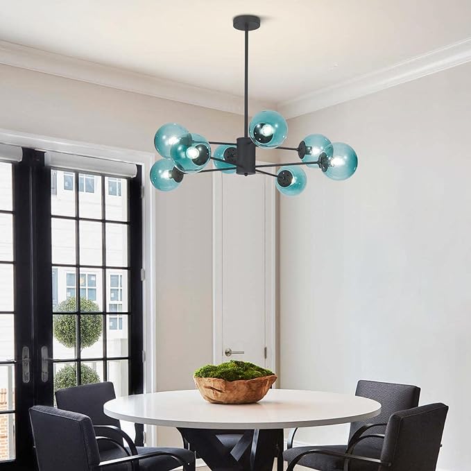 Modern 8-Lights Blue Glass Sputnik Chandelier Mid-Century Matte Black Globe Flush Mount Chandelier Industrial Large Glass Ball Sputnik Chandelier Pendant Lamp (Black+Blue)
