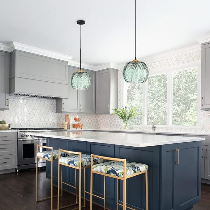 Modern Green Striped Glass Pendant Light Nordic Ribbed Glass Pendant Light Green Pumpkin Pendant Light 1-Light Classic Glass Globe Round Pendant Lighting