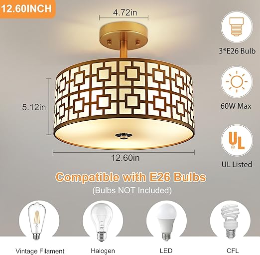 Modern Semi Flush Ceiling Light Fixture, 3-Light Bedroom Ceiling Drum Light, Entry Light Fixtures