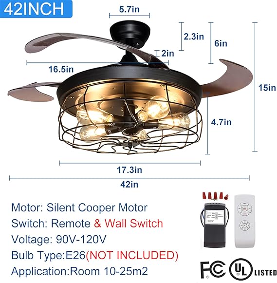 Ceiling Fan with Lights-42 Industrial Ceiling Fan with Retractable Blades, Vintage Cage Ceiling Light Fixture with Remote