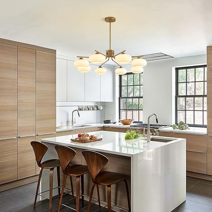 8-Lights White Glass Globe Sputnik Chandelier Mid Century Modern Gold Semi Flush Mount Ceiling Light Sputnik Chandeliers Milk Glass Ball Chandelier Kitchen Island