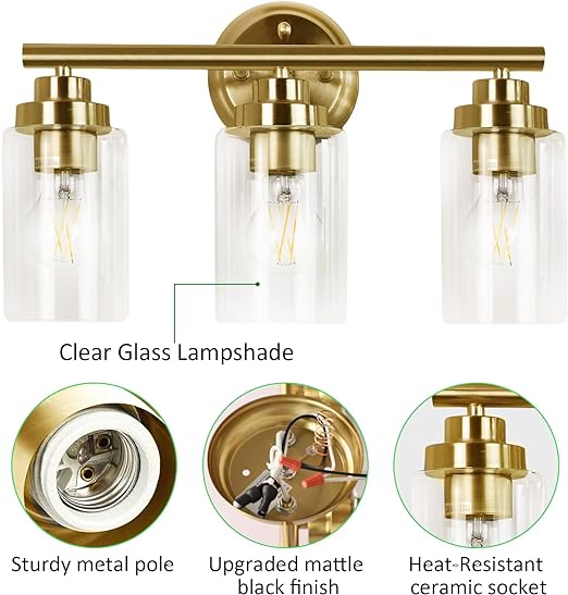 Bathroom Vanity Light Fixture, 3-Light Wall Light with Clear Glass Shade
