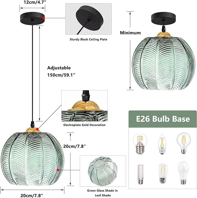 Modern Green Striped Glass Pendant Light Nordic Ribbed Glass Pendant Light Green Pumpkin Pendant Light 1-Light Classic Glass Globe Round Pendant Lighting