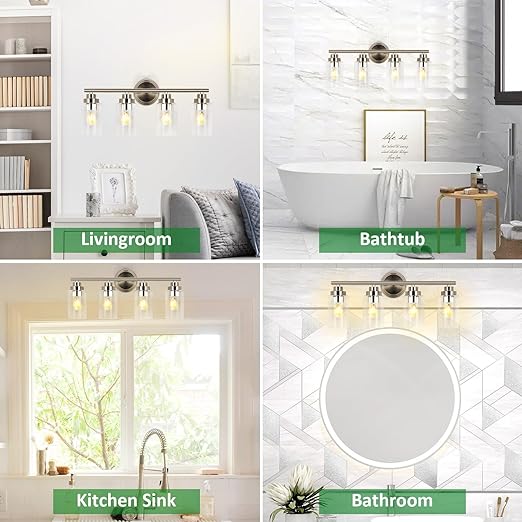 Bathroom Light Fixtures, Silver 4-Light Wall Sconces Lighting with Clear Glass Shade, Bath Vanity Light