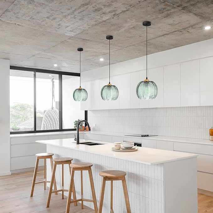 Modern Green Striped Glass Pendant Light Nordic Ribbed Glass Pendant Light Green Pumpkin Pendant Light 1-Light Classic Glass Globe Round Pendant Lighting