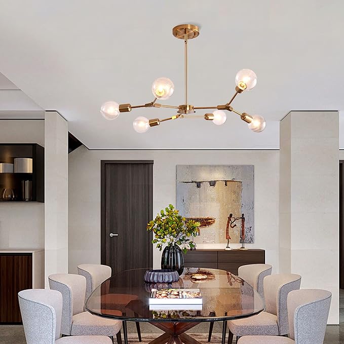 Modern Sputnik Chandelier Brushed Brass Hanging Lamp Industrial Flush Mount Ceiling Light Fixture Adjustable Hanging Lamp for Living Room (6 Lights Gold)