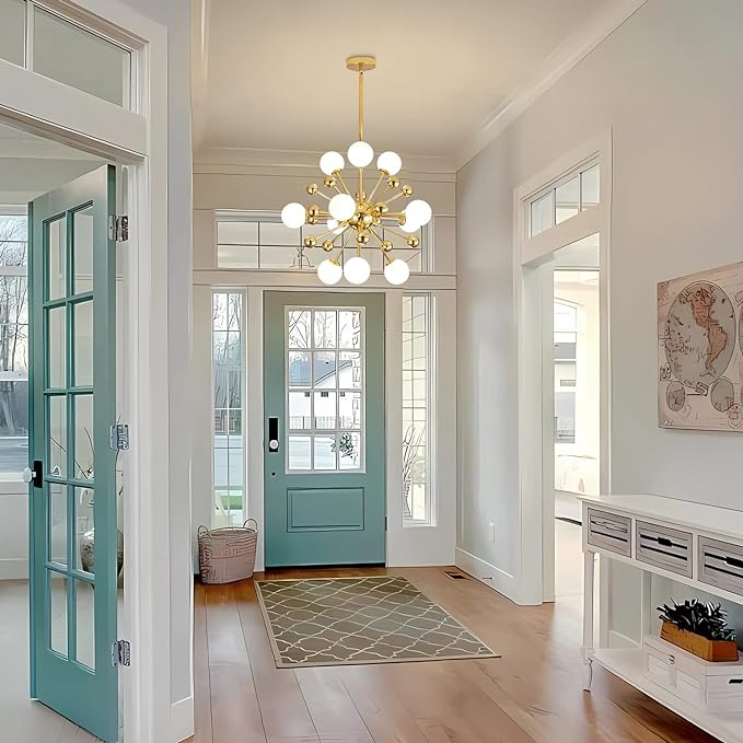 Sputnik Chandelier Lighting Fixture Gold Mid Century Modern Hanging Pendant Light, Frosted Glass Modern Ceiling Pendant Light Living Room Dining Room (11 Lights)