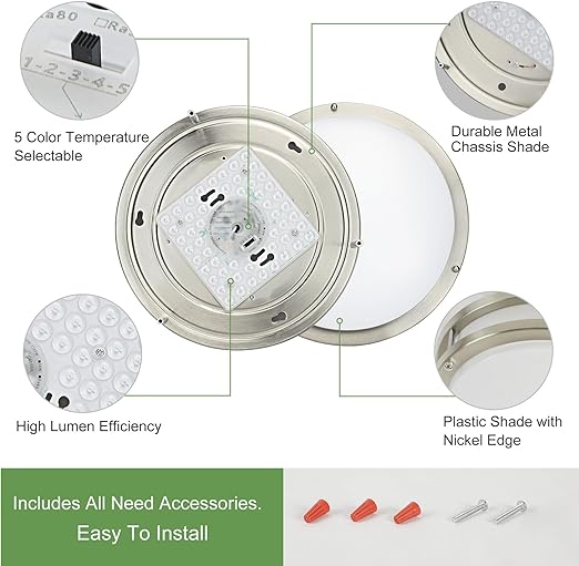 24W LED Ceiling Light Fixture, 10 in Flush Mount Ceiling Light, Brushed Nickel Round Lamp