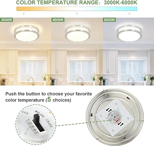 24W LED Ceiling Light Fixture, 10 in Flush Mount Ceiling Light, Brushed Nickel Round Lamp