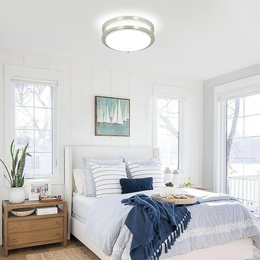 24W Modern LED Flush Mount Ceiling Light with Remote, 10 Inch Dimmable Nickel Round Ceiling Lighting Fixture