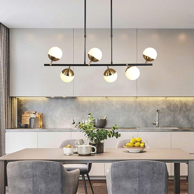 Mid Century Modern Chandelier Black Gold Globe Pendant Light Fixture 6-Light Industrial Milk Glass Chandelier for Kitchen Island Dining Room