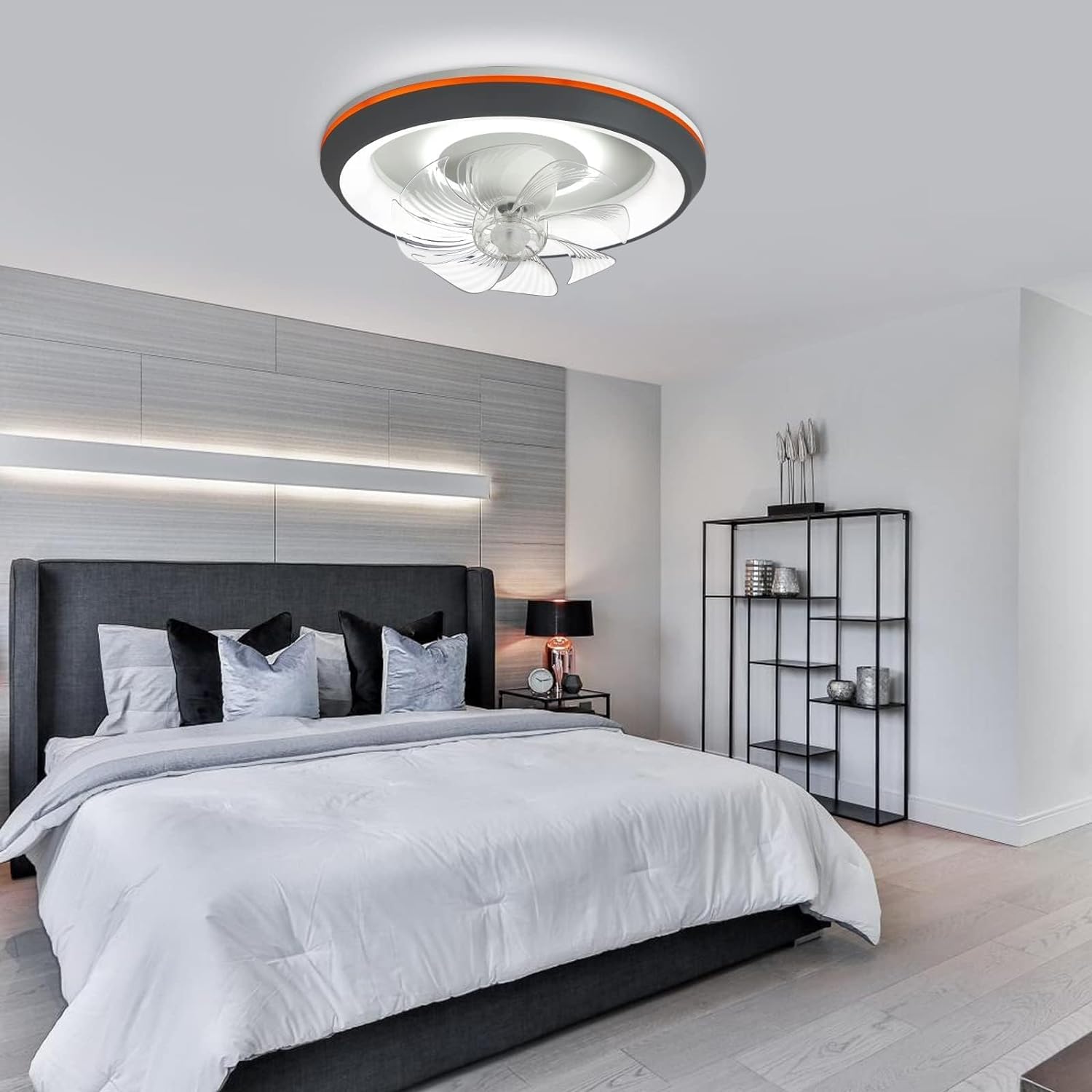 Modern Ceiling Fans with Lights, 360-Degree Rotation Low Profile Ceiling Fans with Lights and Remote, Dimmable LED Reversible Timing