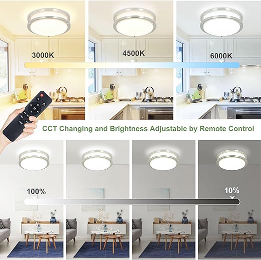 24W Modern LED Flush Mount Ceiling Light with Remote, 10 Inch Dimmable Nickel Round Ceiling Lighting Fixture