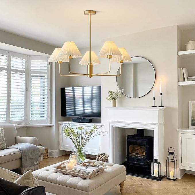 5-Lights White Pleated Fabric Pendant Light Mid Century Modern Brushed Gold Sputnik Chandelier Traditional Dining Living Room Chandelier Above Dining Table