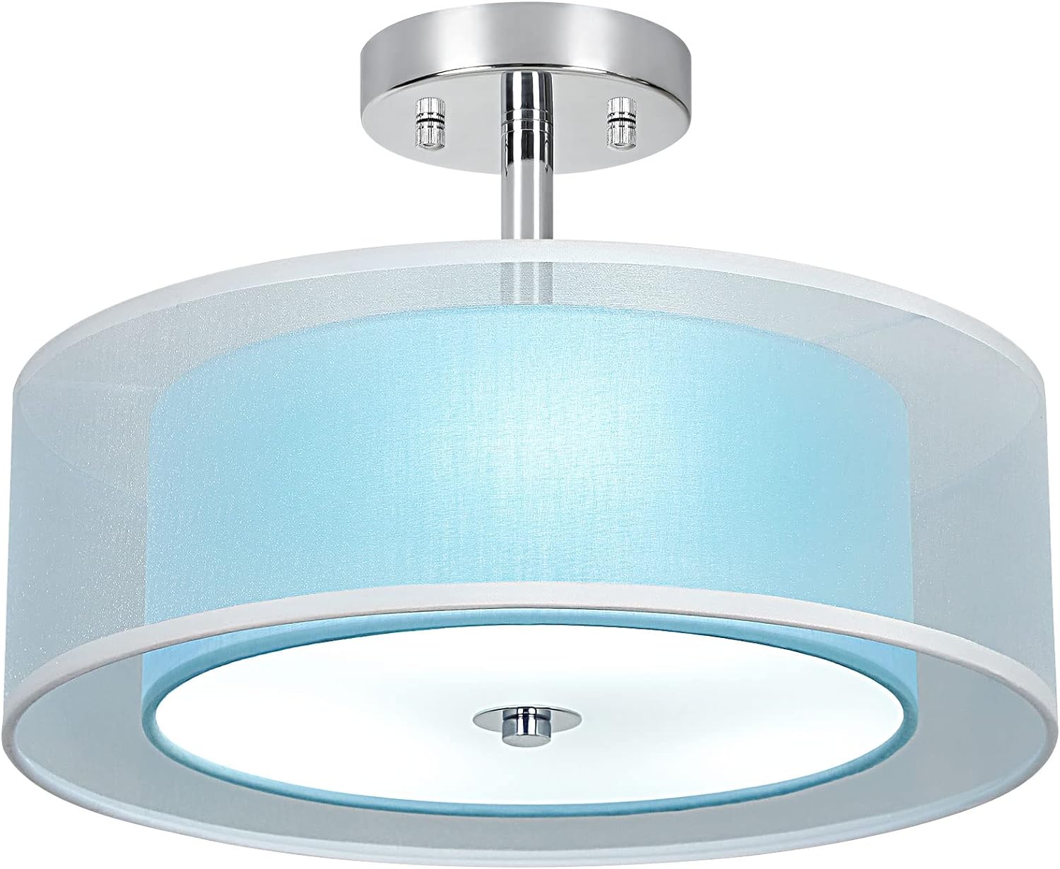 3-Light Semi Flush Mount Ceiling Light Fixture, 15'' Blue Drum Light Ceiling Hanging with Double Fabric Shade