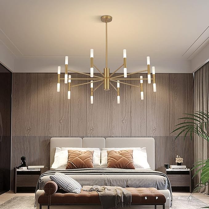 Modern Gold Brass LED Sputnik Chandelier 20-Light Luxury Round Pendant Lighting Fixture with White Acrylic Lampshade for Dining Room Living Room Bedroom