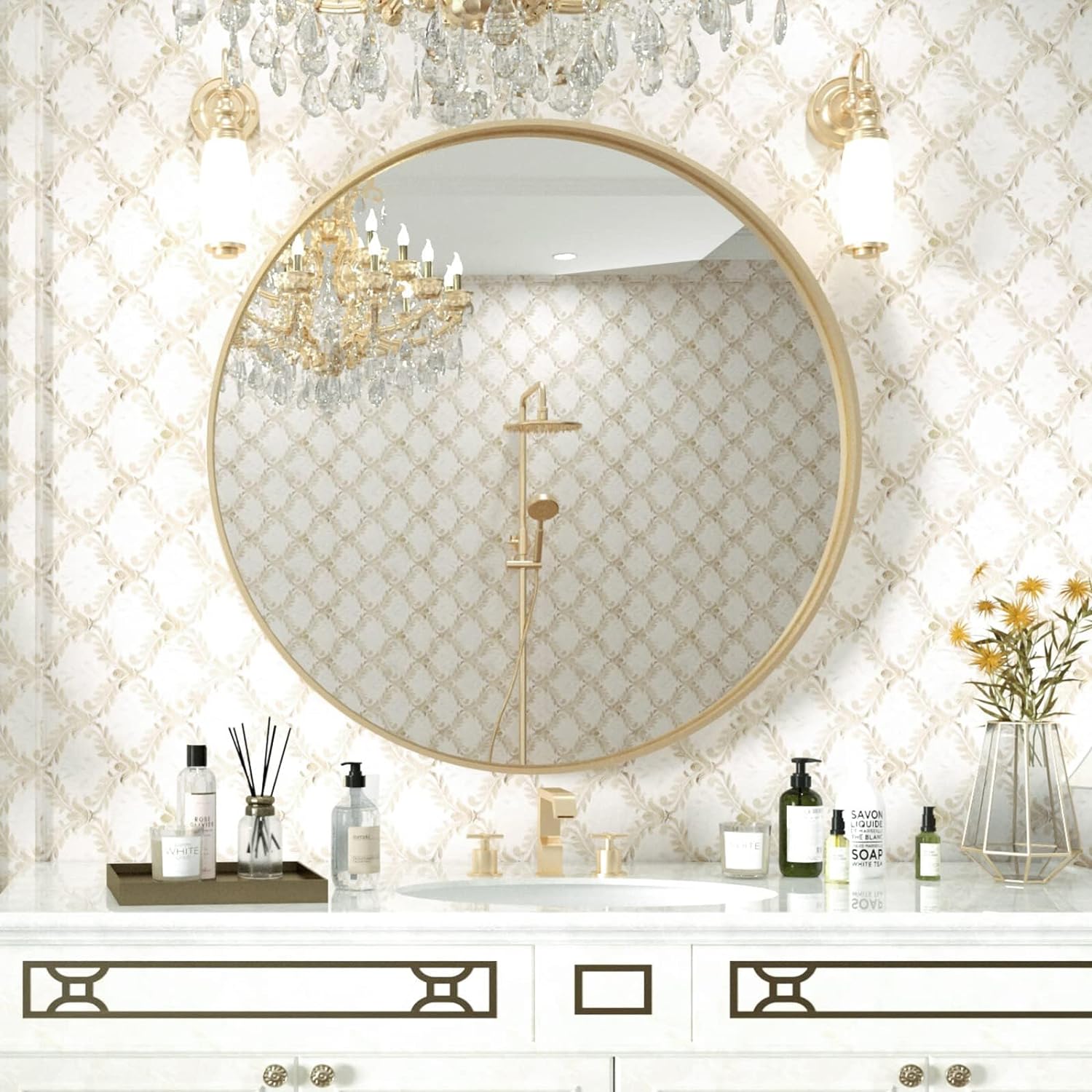 Round Vanity Mirror, 24 Inch Circle Bathroom Mirror, Gold Metal Framed Mirrors, Aluminum Alloy Wall Mounted Mirror