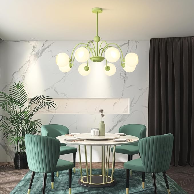 8-Lights Mid Century Modern Sputnik Chandelier Nordic Green Globe Kitchen Island Pendant Lights Milk Glass Ceiling Light Vintage Industrial Chandelier Ceiling Light Fixture