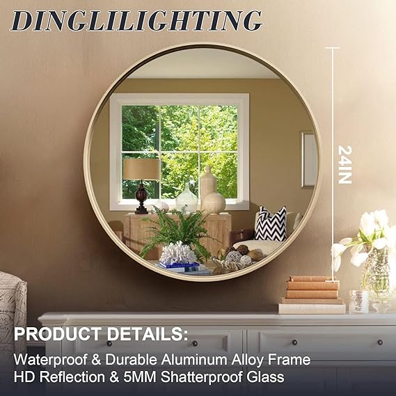 Round Vanity Mirror, 24 Inch Circle Bathroom Mirror, Gold Metal Framed Mirrors, Aluminum Alloy Wall Mounted Mirror