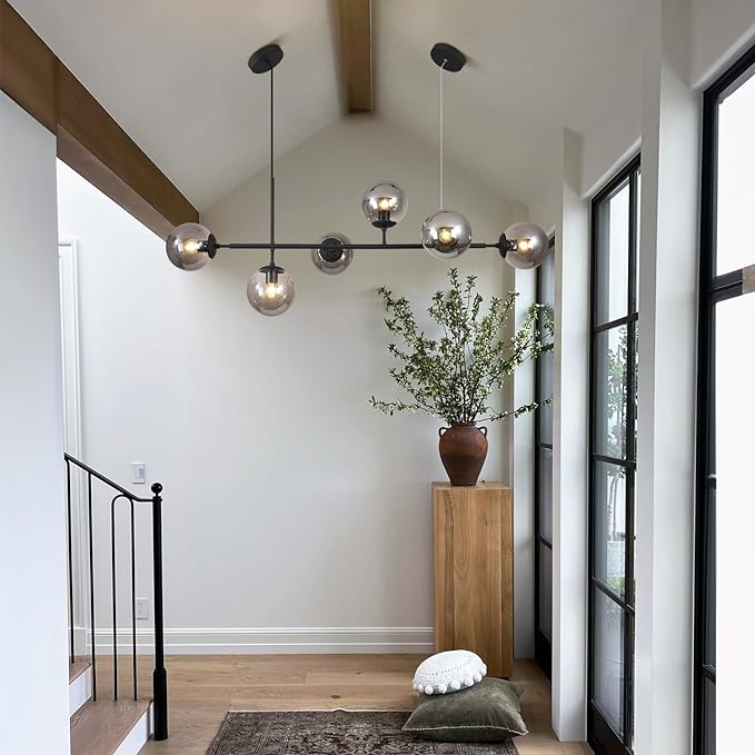 6-Light Mid Century Modern Rectangle Sputnik Chandelier Black Farmhouse Linear Chandelier Glass Globe Pendant Light Vintage Kitchen Island Lighting (Black+Smoke Gray)