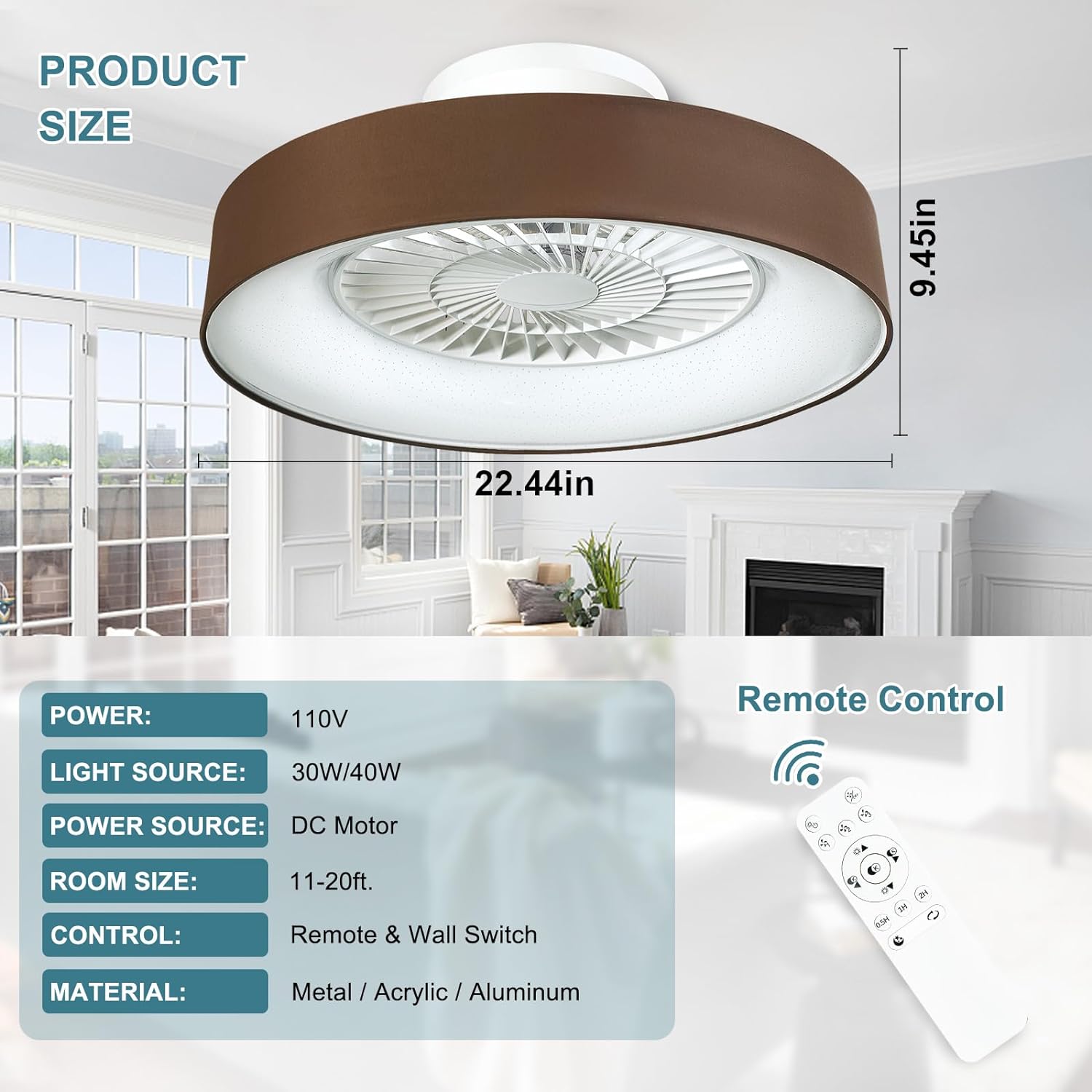 Low Profile Ceiling Fan with Light, 22.5'' LED Dimmable Ceiling Fans with Lights and Remote, Modern Bladeless Enclosed Ceiling Fan