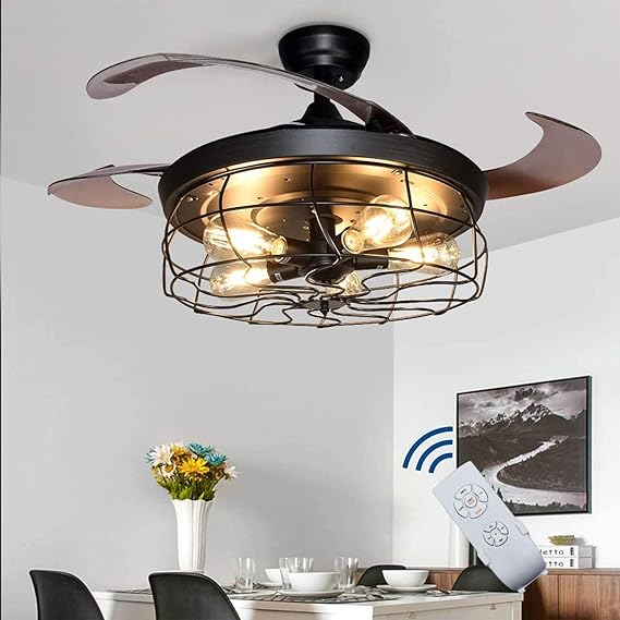 Ceiling Fan with Lights-42 Industrial Ceiling Fan with Retractable Blades, Vintage Cage Ceiling Light Fixture with Remote