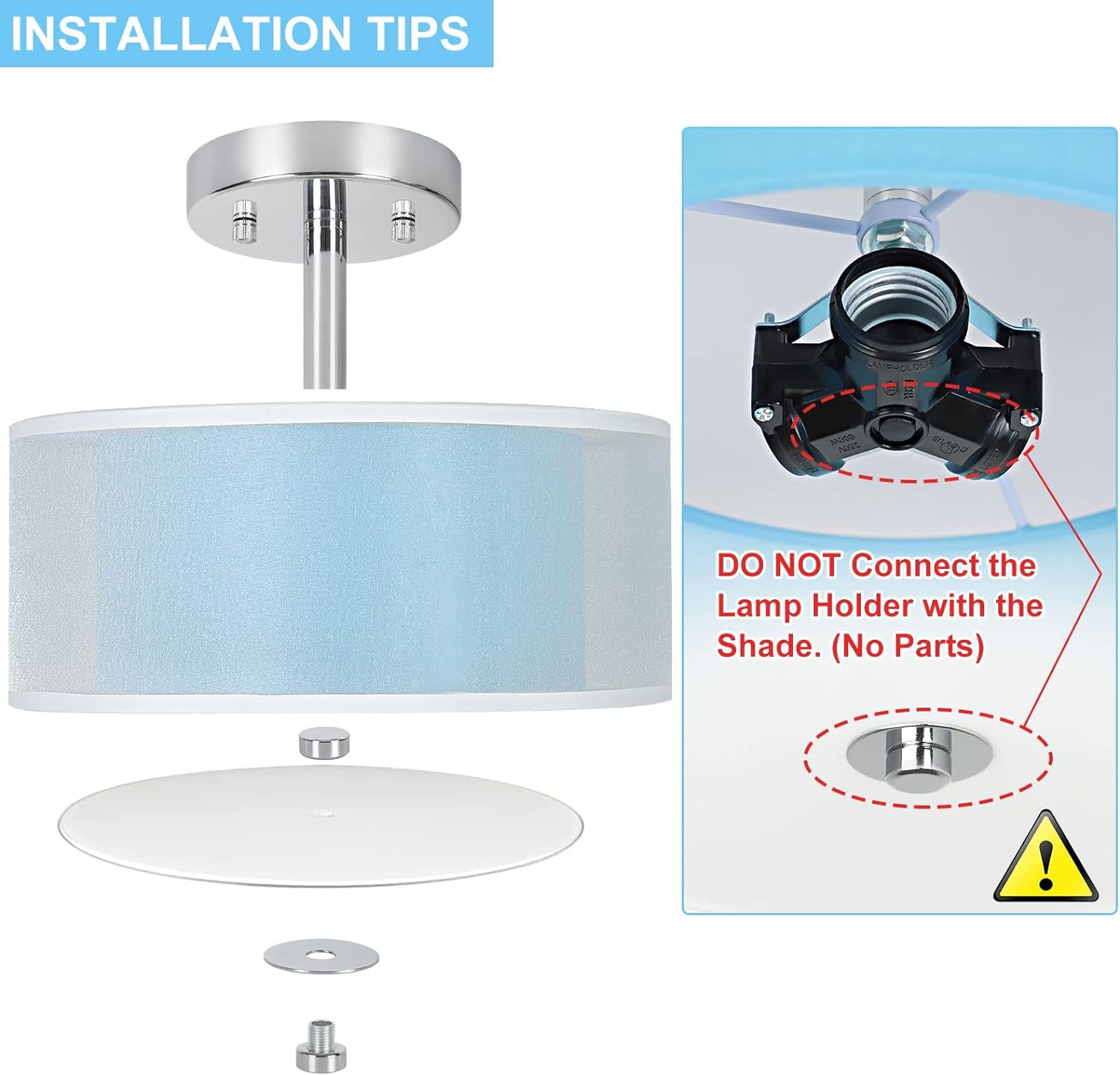 3-Light Semi Flush Mount Ceiling Light Fixture, 15'' Blue Drum Light Ceiling Hanging with Double Fabric Shade