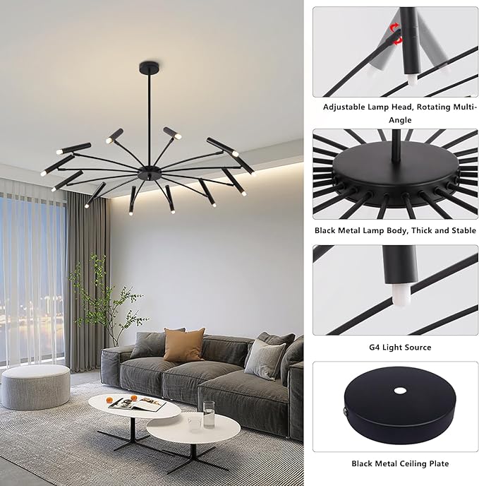 Modern Black Sputnik Chandelier Mid Century Vintage 12-Lights Semi Flush Mount Chandelier Ceiling Light Industrial Satellite Starburst Chandelier Pendant Light (12-Light)