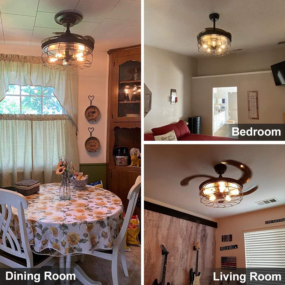 Ceiling Fan with Lights-42 Industrial Ceiling Fan with Retractable Blades, Vintage Cage Ceiling Light Fixture with Remote
