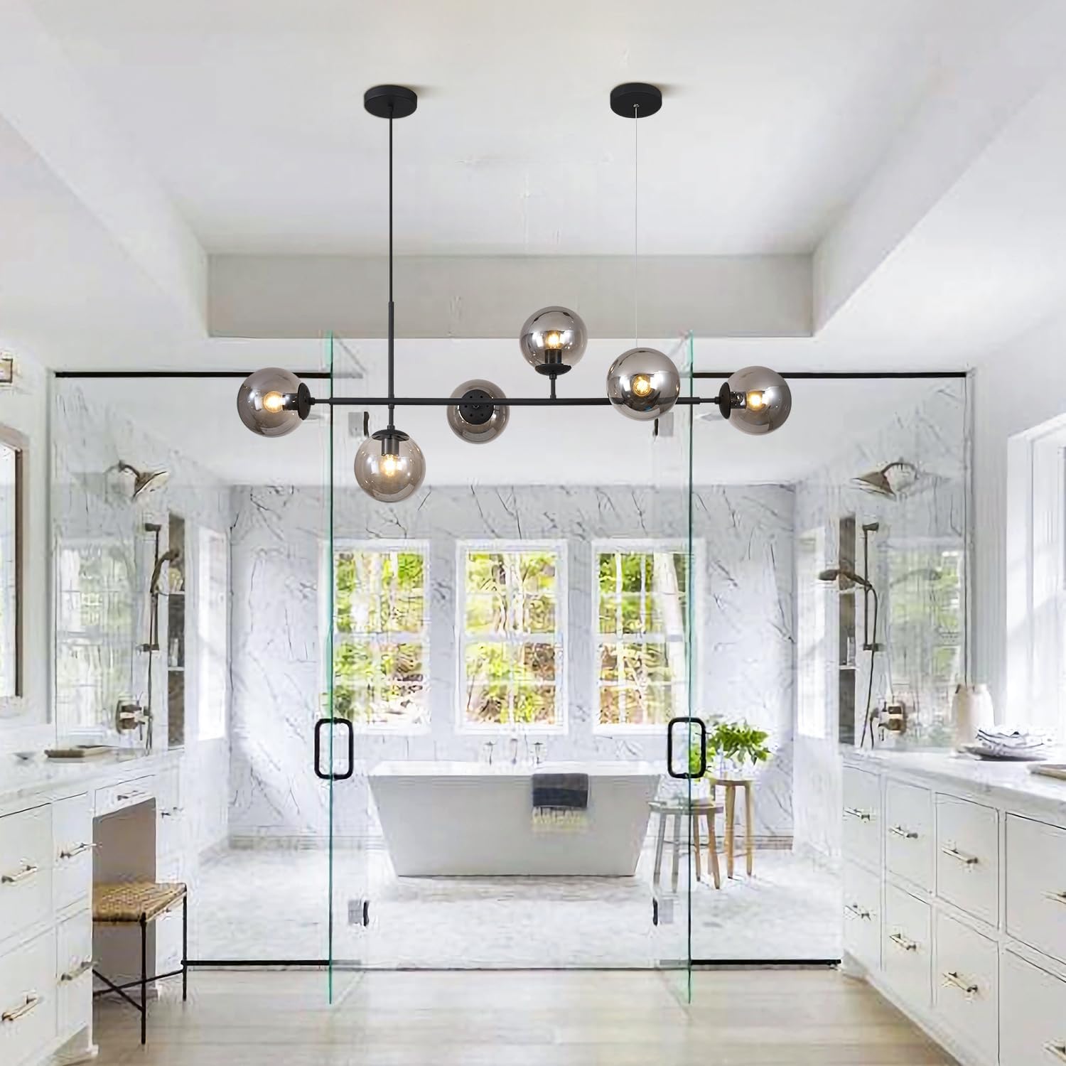 6-Light Mid Century Modern Rectangle Sputnik Chandelier Black Farmhouse Linear Chandelier Glass Globe Pendant Light Vintage Kitchen Island Lighting (Black+Smoke Gray)