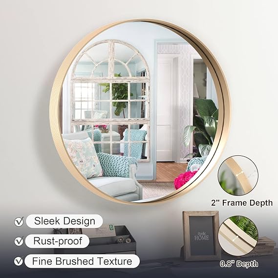 Round Vanity Mirror, 24 Inch Circle Bathroom Mirror, Gold Metal Framed Mirrors, Aluminum Alloy Wall Mounted Mirror